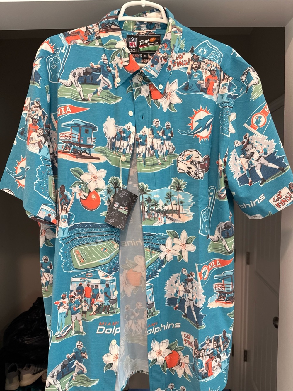 NWOT Reyn Spooner x NFL Hawaiian Aloha Button Up Shirt XL Miami Dolphins